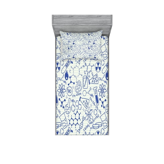Ambesonne Cartoon Fitted Sheet & Pillow Sham Set, Geometry Chemistry Theme, Twinxl, Blue and Ivory