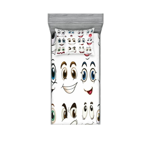 Ambesonne Cartoon Fitted Sheet & Pillow Sham Set, Hand Drawn Faces, Twin, Multicolor