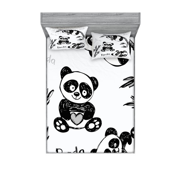 Ambesonne Cartoon Fitted Sheet & Pillow Sham Set, Hand Drawn Panda Poses, Full, White and Black