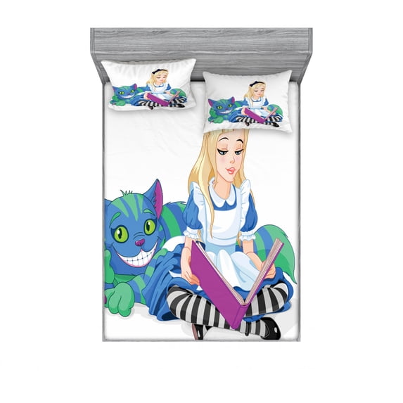 Ambesonne Cartoon Fitted Sheet & Pillow Sham Set, Happiness Love, Full, Multicolor