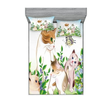 Ambesonne Cartoon Fitted Sheet & Pillow Sham Set, Happy Kittens, Full, Multicolor