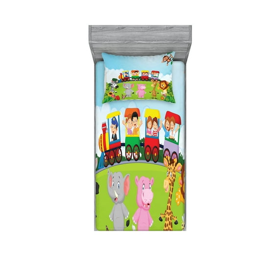 Ambesonne Cartoon Fitted Sheet & Pillow Sham Set, Happy Savannah Forest Train, Twinxl, Multicolor