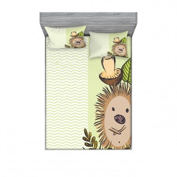 Ambesonne Cartoon Fitted Sheet & Pillow Sham Set, Hedgehog Chevron, Full, Green Brown Beige