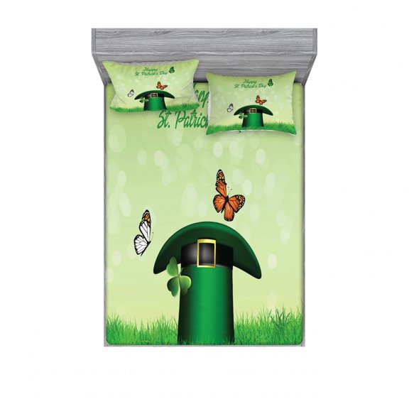 Ambesonne Cartoon Fitted Sheet & Pillow Sham Set, Irish Hat Happy Day Art, Full, Pale Green