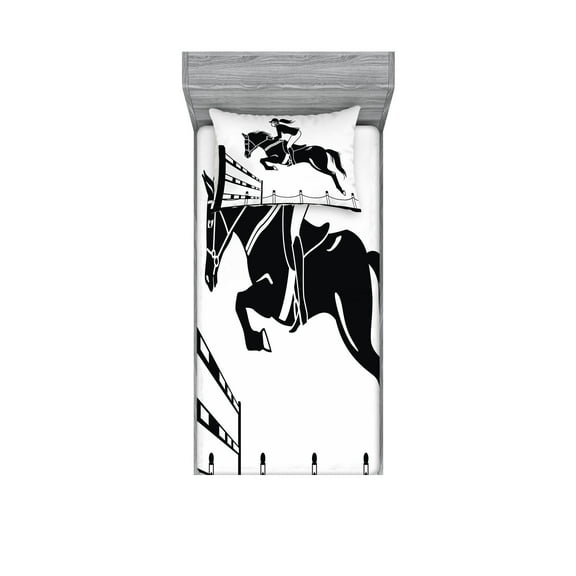 Ambesonne Cartoon Fitted Sheet & Pillow Sham Set, Jockey Girl Jumping, Twin, White Charcoal Grey