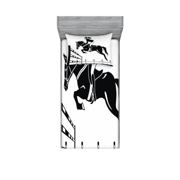 Ambesonne Cartoon Fitted Sheet & Pillow Sham Set, Jockey Girl Jumping, Twinxl, White Charcoal Grey