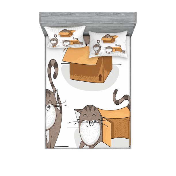 Ambesonne Cartoon Fitted Sheet & Pillow Sham Set, Kitten Cat in the Box ...