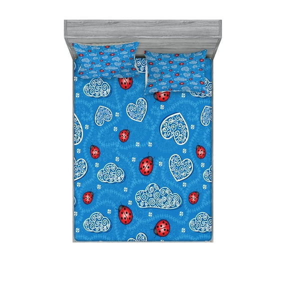 Ambesonne Cartoon Fitted Sheet & Pillow Sham Set, Ladybugs Hearts Clouds, Queen, Blue Red