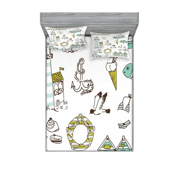 Ambesonne Cartoon Fitted Sheet & Pillow Sham Set, Lighthouse Anchor Seagull, Full, Pale Green Yellow