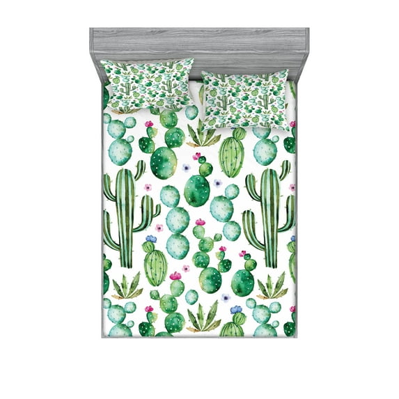 Ambesonne Cartoon Fitted Sheet & Pillow Sham Set, Mexican Cactus Plants, Calking, Lime Green Pale Pink