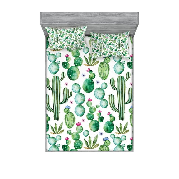 Ambesonne Cartoon Fitted Sheet & Pillow Sham Set, Mexican Cactus Plants, Full, Lime Green Pale Pink