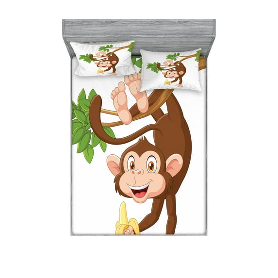Ambesonne Cartoon Fitted Sheet & Pillow Sham Set, Monkey with Banana Tree, Queen, Chocolate White
