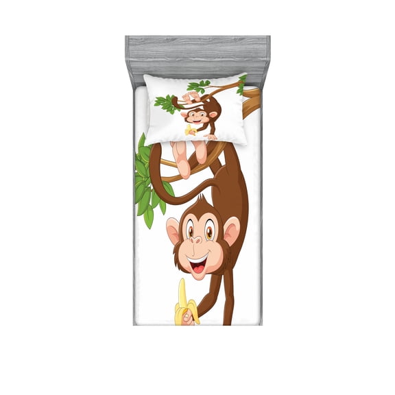 Ambesonne Cartoon Fitted Sheet & Pillow Sham Set, Monkey with Banana Tree, Twinxl, Chocolate White