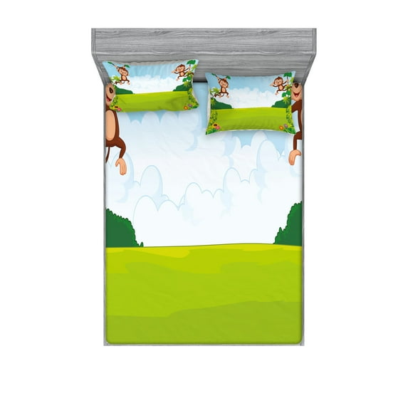 Ambesonne Cartoon Fitted Sheet & Pillow Sham Set, Monkeys on Vines, Queen, Pale Blue Brown Green
