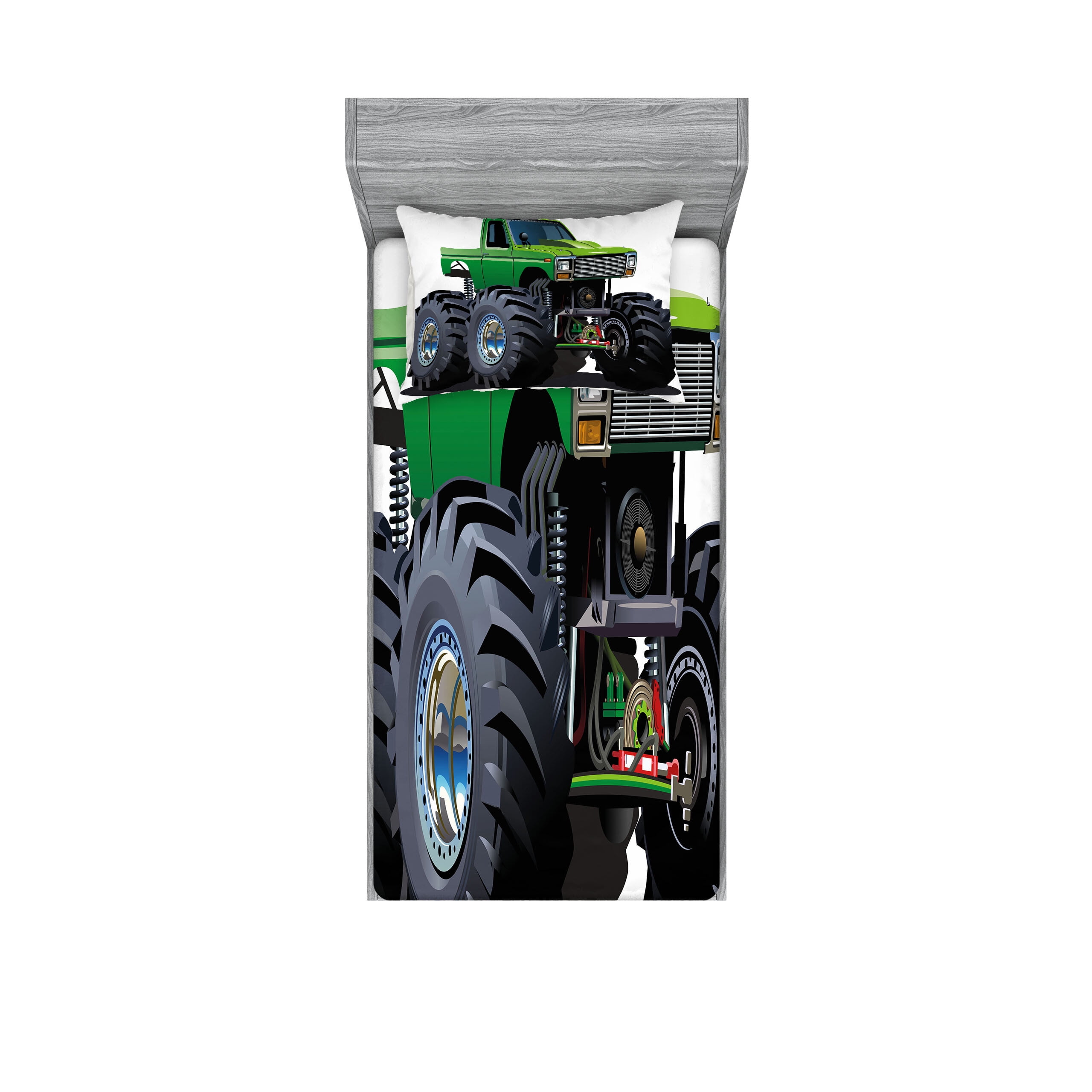 Green Monster Truck Print Microfiber Twin XL Sheet Set