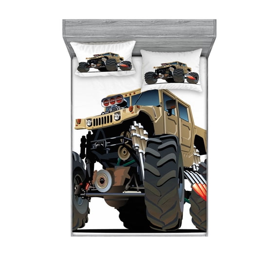 Ambesonne Cartoon Fitted Sheet & Pillow Sham Set, Monster Truck Racing, Full, Multicolor