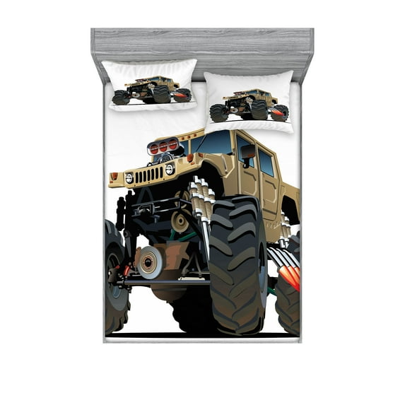 Ambesonne Cartoon Fitted Sheet & Pillow Sham Set, Monster Truck Racing, Queen, Multicolor