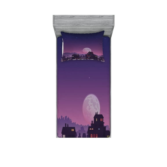Ambesonne Cartoon Fitted Sheet & Pillow Sham Set, Moon Starry Night Sky, Twin, Purple Navy