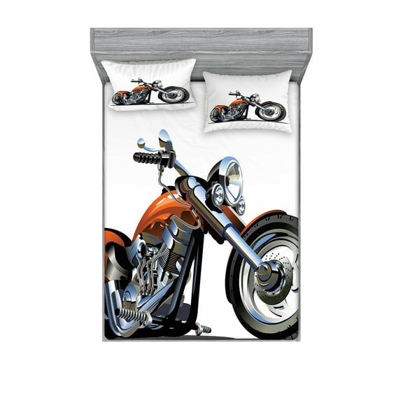Ambesonne Cartoon Fitted Sheet & Pillow Sham Set, Motorbike Adventure, Full, Orange Black