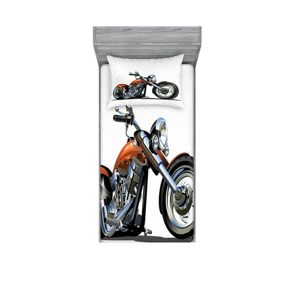 Ambesonne Cartoon Fitted Sheet & Pillow Sham Set, Motorbike Adventure, Twinxl, Orange Black