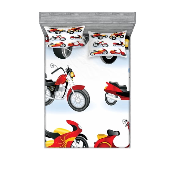 Ambesonne Cartoon Fitted Sheet & Pillow Sham Set, Motorcycle Hippie, Queen, Black Yellow