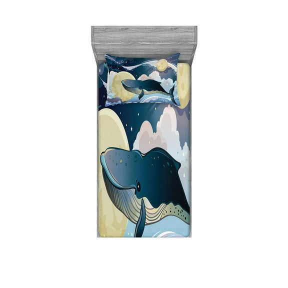 Ambesonne Cartoon Fitted Sheet & Pillow Sham Set, Night Clouds Bohemian Fish, Twin, Night Blue White