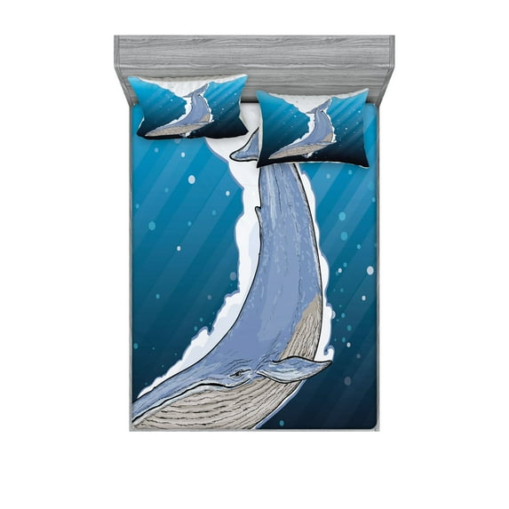 Ambesonne Cartoon Fitted Sheet & Pillow Sham Set, Ocean Whale Fish Swims, Full, Multicolor