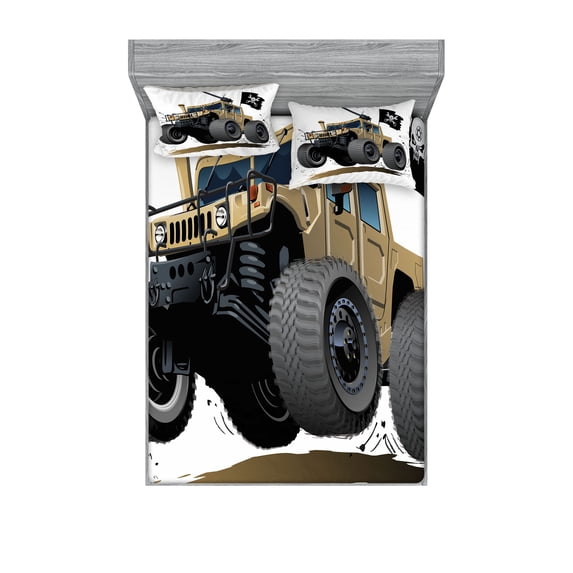 Ambesonne Cartoon Fitted Sheet & Pillow Sham Set, Off Road Savannah Truck, Full, Brown and Grey