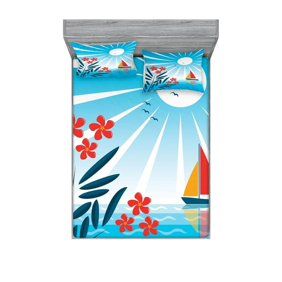 Ambesonne Cartoon Fitted Sheet & Pillow Sham Set, Oleanders and Sailboat, Queen, Blue Orange White
