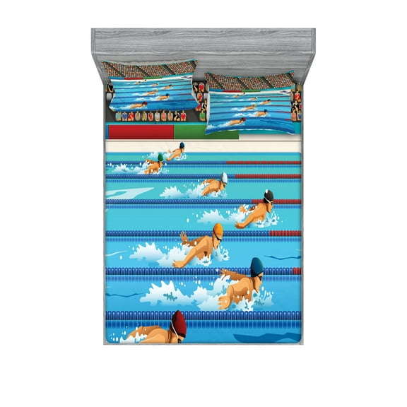 Ambesonne Cartoon Fitted Sheet & Pillow Sham Set, Olympics Swimming Race, Full, Blue Beige Red