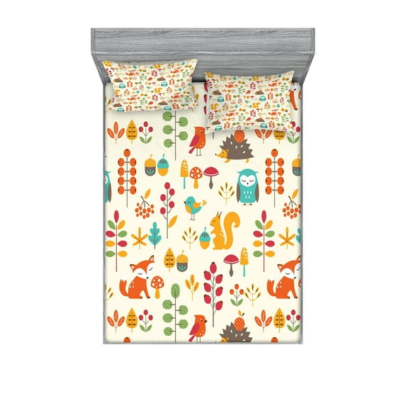 Ambesonne Cartoon Fitted Sheet & Pillow Sham Set, Owl Fox Squirrel Birds, Full, Multicolor