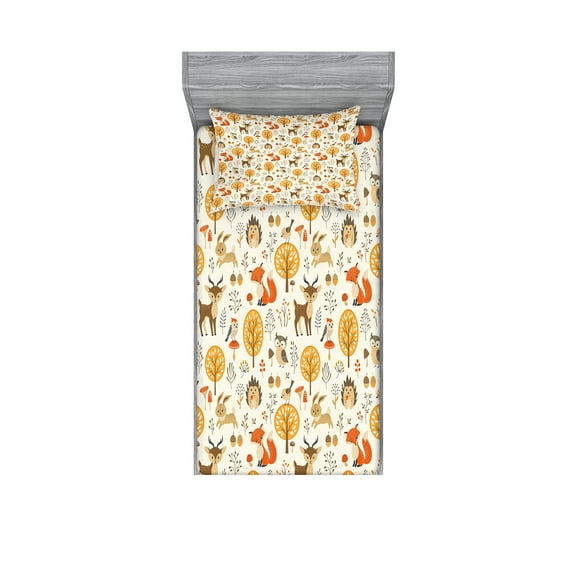 Ambesonne Cartoon Fitted Sheet & Pillow Sham Set, Owls Deers Birds, Twin, Marigold Orange Cream