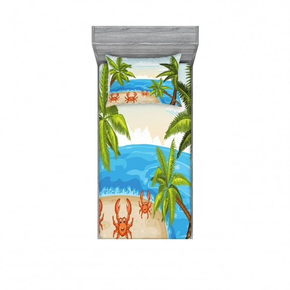 Ambesonne Cartoon Fitted Sheet & Pillow Sham Set, Palm Trees and Crabs, Twin, Aqua Beige