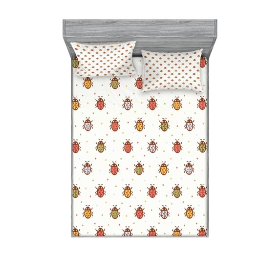 Ambesonne Cartoon Fitted Sheet & Pillow Sham Set, Pastel Colored Ladybugs, Full, Multicolor