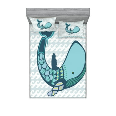 Ambesonne Cartoon Fitted Sheet & Pillow Sham Set, Pastel Happy Smiling Whale, Full, Blue and White
