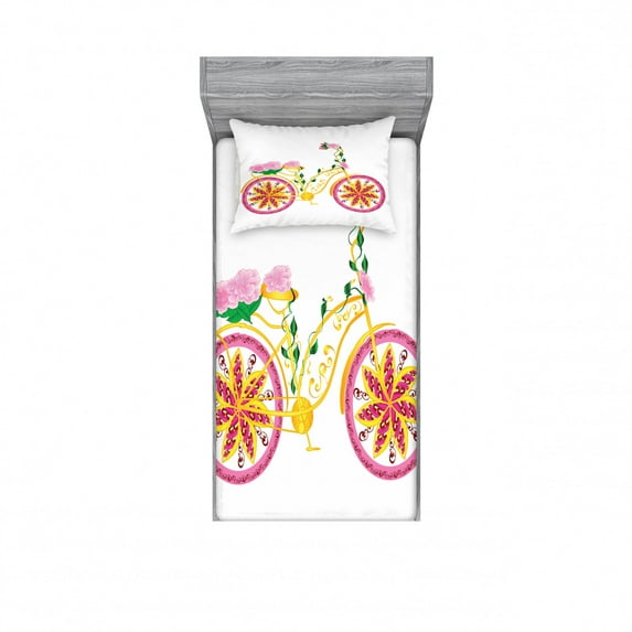 Ambesonne Cartoon Fitted Sheet & Pillow Sham Set, Pink Bike Floral Ornament, Twin, Pink Yellow