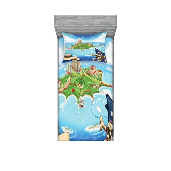 Ambesonne Cartoon Fitted Sheet & Pillow Sham Set, Pirate Island Skull, Twinxl, Multicolor
