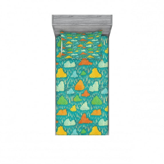 Ambesonne Cartoon Fitted Sheet & Pillow Sham Set, Puffy Clouds Funk Art, Twinxl, Multicolor