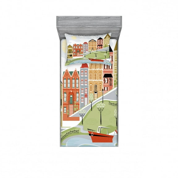 Ambesonne Cartoon Fitted Sheet & Pillow Sham Set, Quaint Village Street, Twinxl, Green Teal