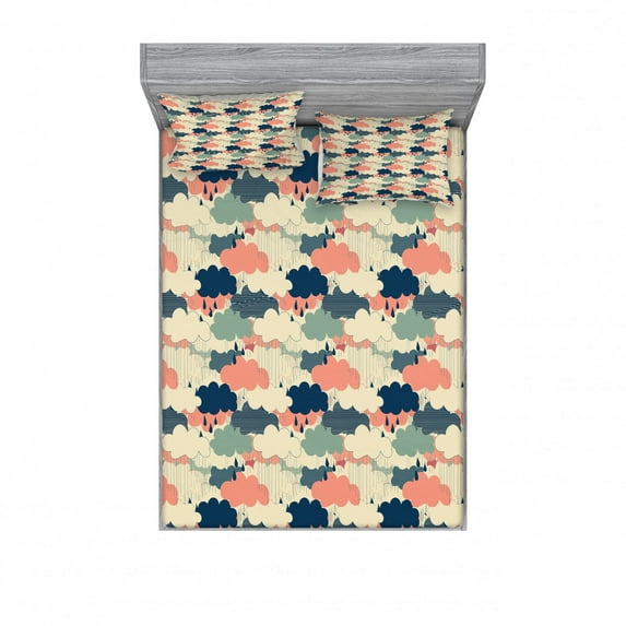 Ambesonne Cartoon Fitted Sheet & Pillow Sham Set, Rain Colorful Clouds, Full, Multicolor