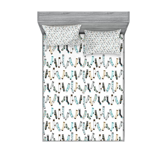 Ambesonne Cartoon Fitted Sheet & Pillow Sham Set, Rain of Socks Laundry, King, Dark Blue Beige