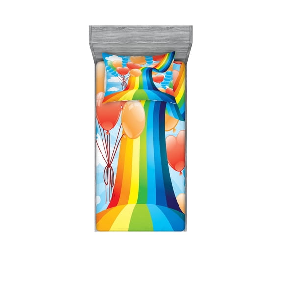 Ambesonne Cartoon Fitted Sheet & Pillow Sham Set, Rainbow Romantic Hearts, Twinxl, Multicolor