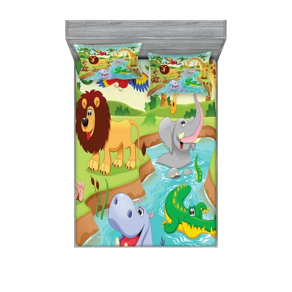 Ambesonne Cartoon Fitted Sheet & Pillow Sham Set, Savannah Animals Colorful, King, Multicolor