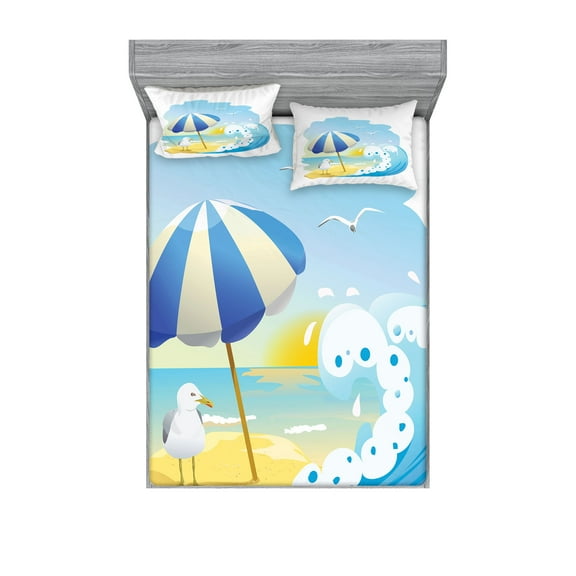 Ambesonne Cartoon Fitted Sheet & Pillow Sham Set, Seagull at Beach, Full, Multicolor
