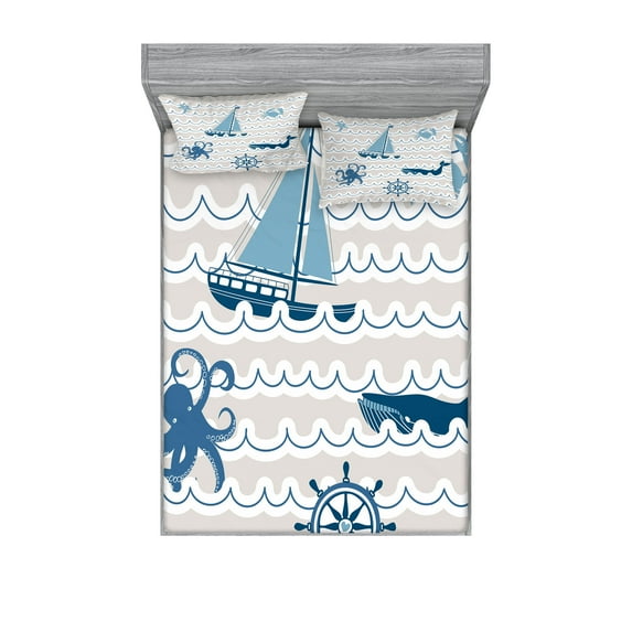 Ambesonne Cartoon Fitted Sheet & Pillow Sham Set, Ship Whale Waves, Full, Beige Blue White
