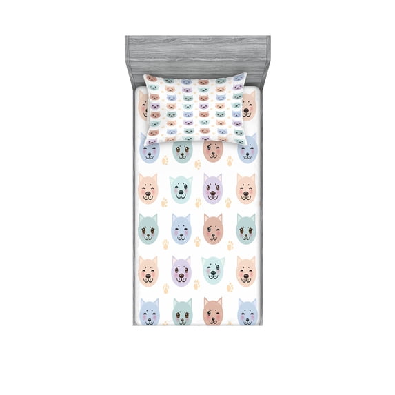 Ambesonne Cartoon Fitted Sheet & Pillow Sham Set, Smiling Cat Muzzle, Twinxl, Multicolor
