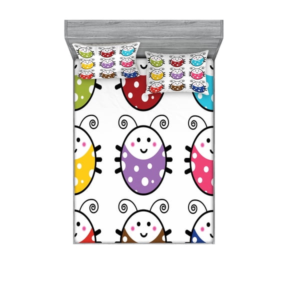 Ambesonne Cartoon Fitted Sheet & Pillow Sham Set, Smiling Ladybugs Set, Full, Multicolor