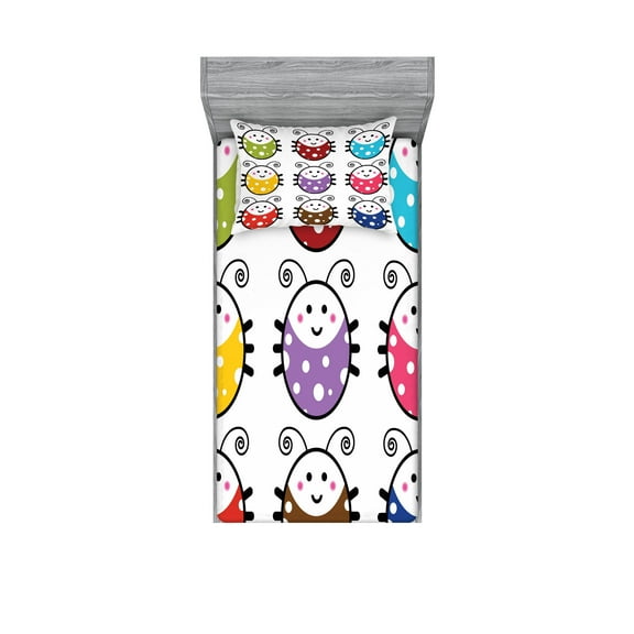 Ambesonne Cartoon Fitted Sheet & Pillow Sham Set, Smiling Ladybugs Set, Twin, Multicolor
