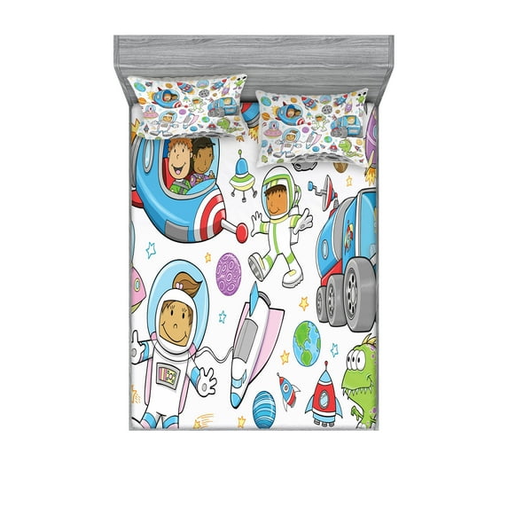 Ambesonne Cartoon Fitted Sheet & Pillow Sham Set, Space Rocket, Full, Multicolor