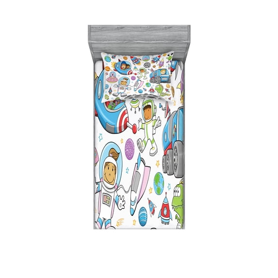 Ambesonne Cartoon Fitted Sheet & Pillow Sham Set, Space Rocket, Twin, Multicolor